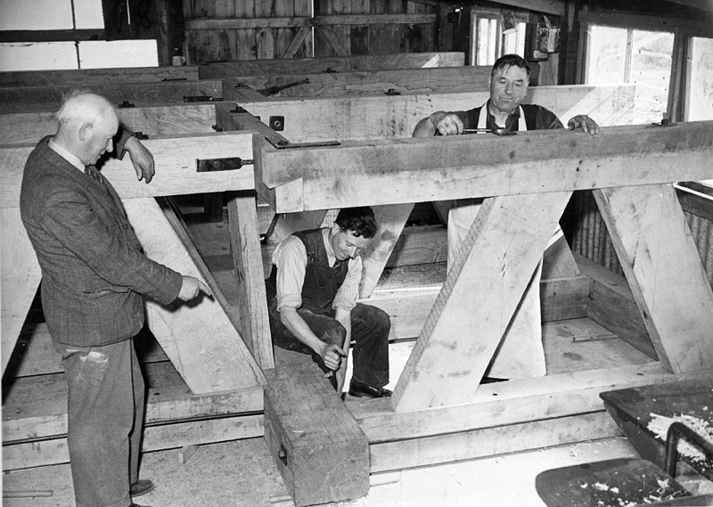 the cradle for rehanging the bells in Wimborne Minster. Ralph with Len Bundy and Frank Male?